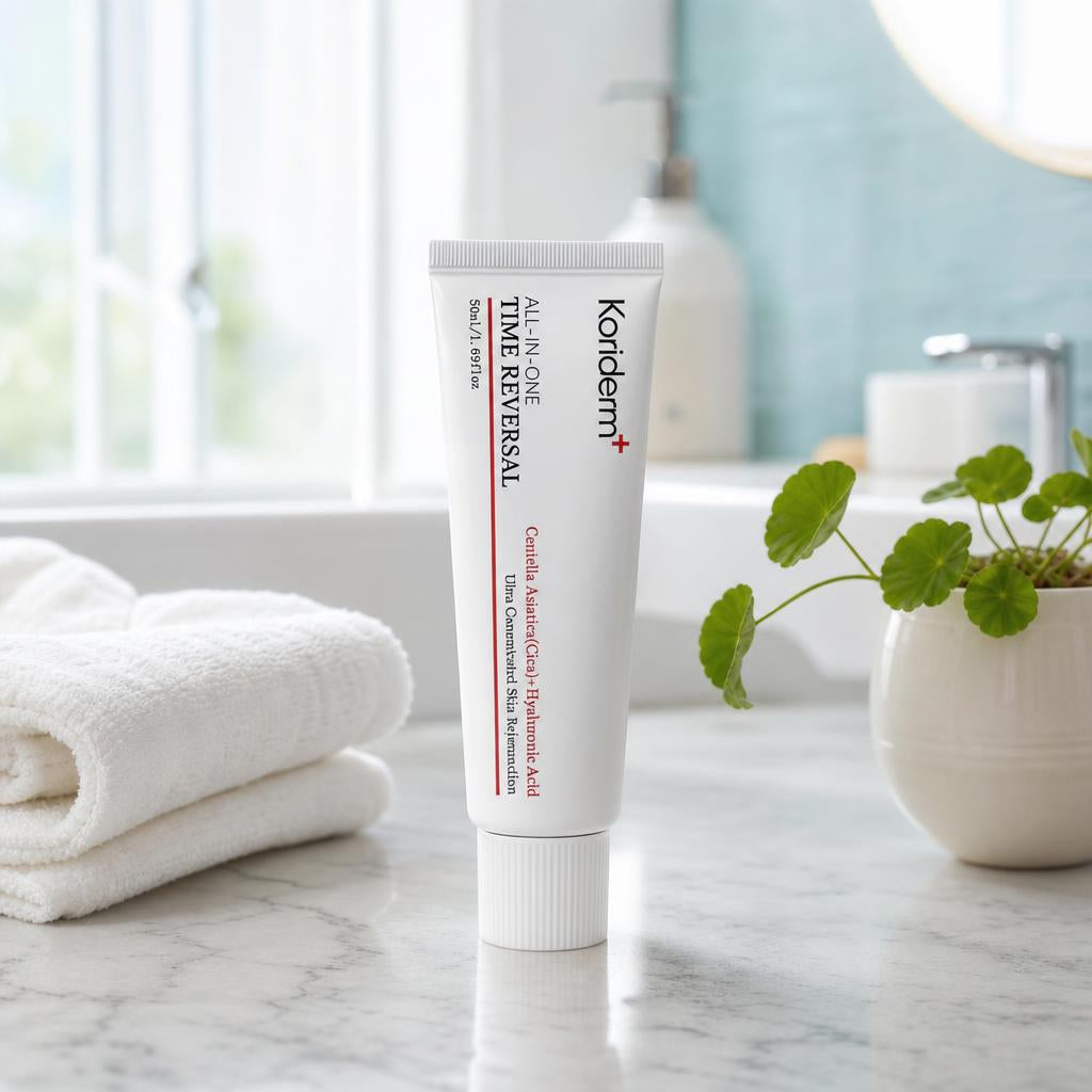 Crema Koriderm+ en el tocador de un baño luminoso