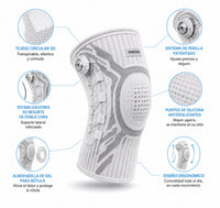 Detalles de la rodillera Kneova: dial, gel, estabilizadores y silicona
