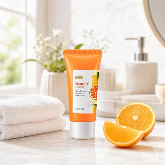 Limpiador de Vitamina C en el tocador de un baño luminoso